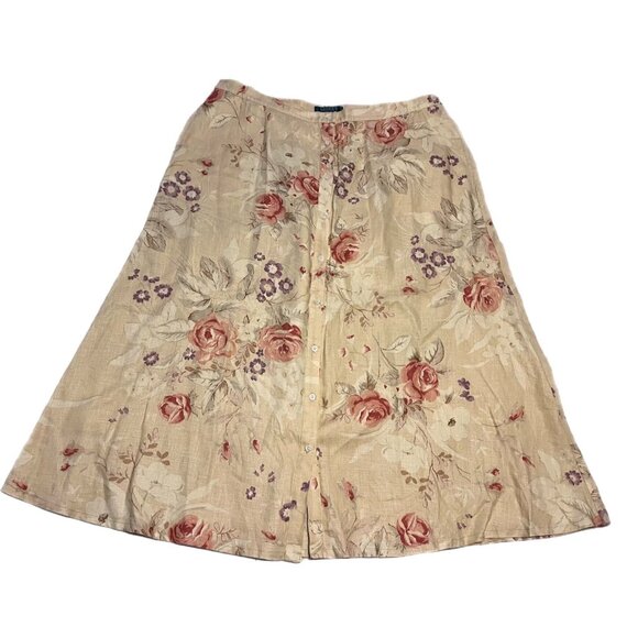 Lauren Ralph Lauren Skirt Womens 16 Beige Floral Linen Midi Button Front Cottage - Picture 1 of 5